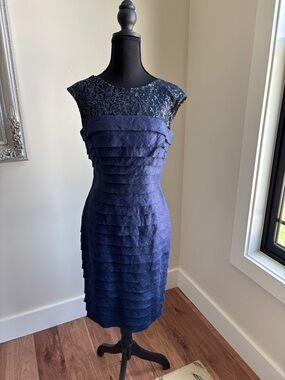 London Times Navy Layered Lace Cap-Sleeve Midi Dress